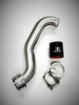 A top view of Evolution Racewerks BMW N55 (3.0T) X5/X6 Lower Intercooler Charge Pipe (LIC) in Brushed Finish