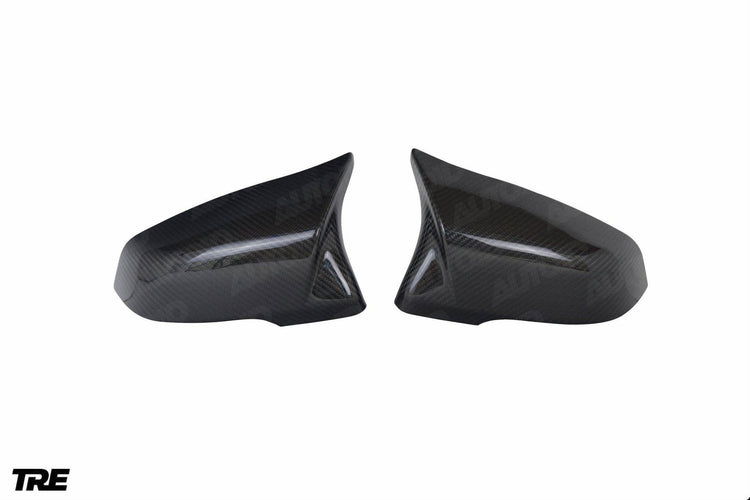 wide view of TRE Pre-Preg Carbon Fibre M Style Mirror Covers for BMW 1 Series F40 / 2 Series F44 / Toyota Supra 2018+ with white background