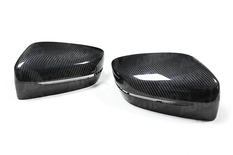 wide view of TRE Preg Carbon Fibre Mirror Covers for BMW Series 2 / 3 / 4 / 5 / 6 / 8 GX 2014+ with white background