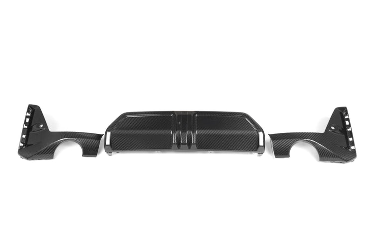 wide view of TRE Carbon Fibre Performance Rear Diffuser Set for BMW 3 Series G20 / G21 LCI 2023+ with white background
