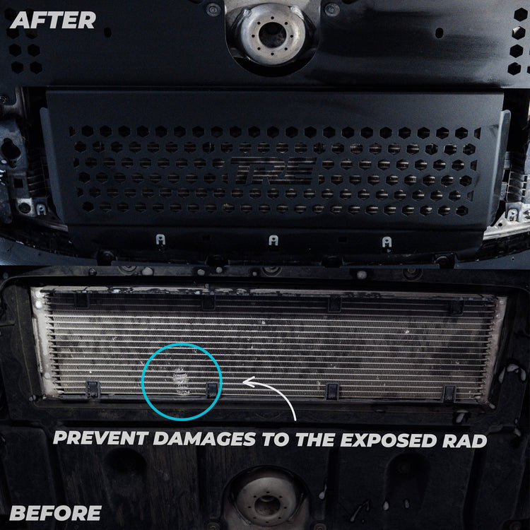 Close view of TRE Metal Skid Plate & Arch Clearance Kit Pack comparison before and after fitment for BMW M2/M3/M4 2020+ inside a car