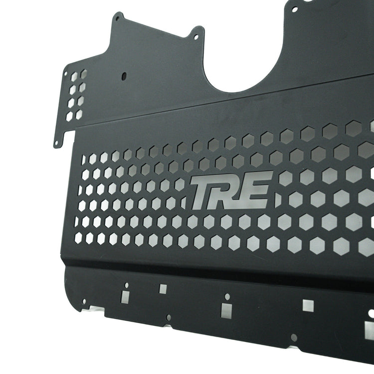 close side view of TRE Metal Skid Plate Under Tray (Oil Cooler Guard) for BMW M2/M3/M4 2020+ with white background