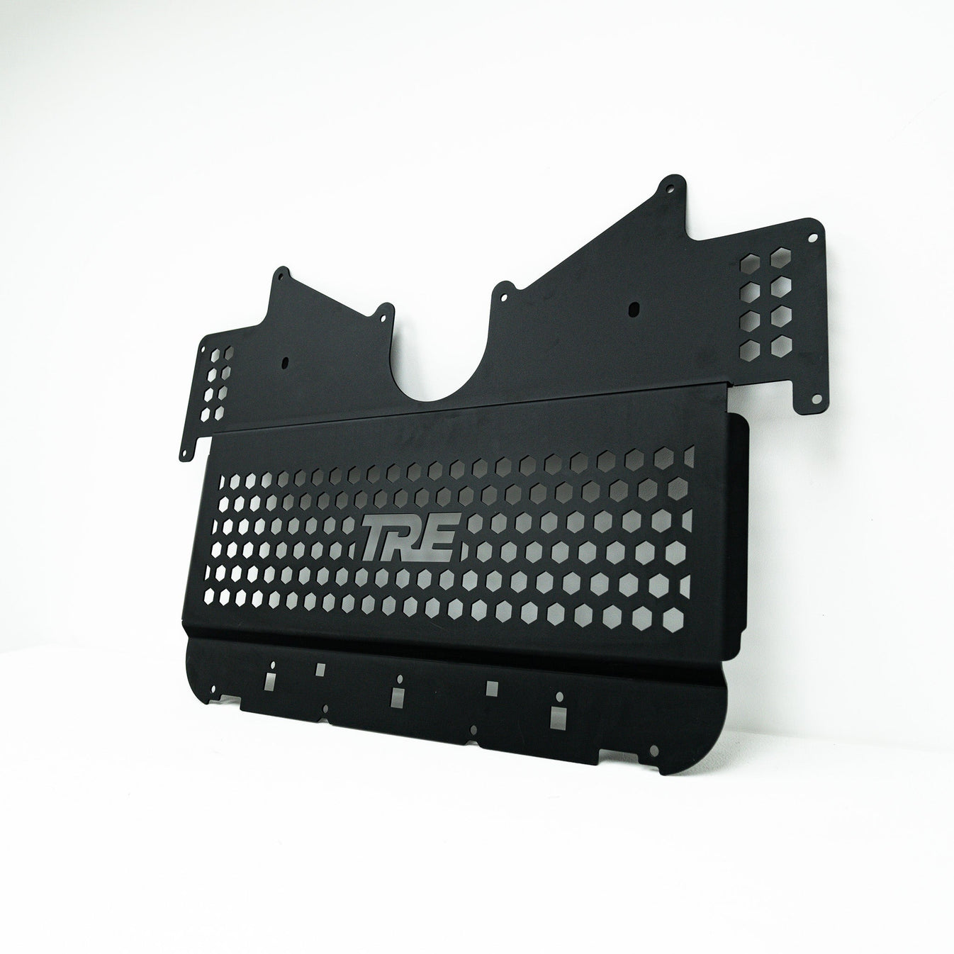 wide front view of TRE Metal Skid Plate Under Tray (Oil Cooler Guard) for BMW M2/M3/M4 2020+ with white background