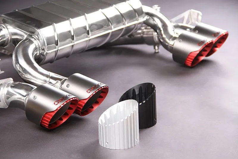 Capristo M4 G82 valved exhaust with red tip inserts, spare black and silver inserts
