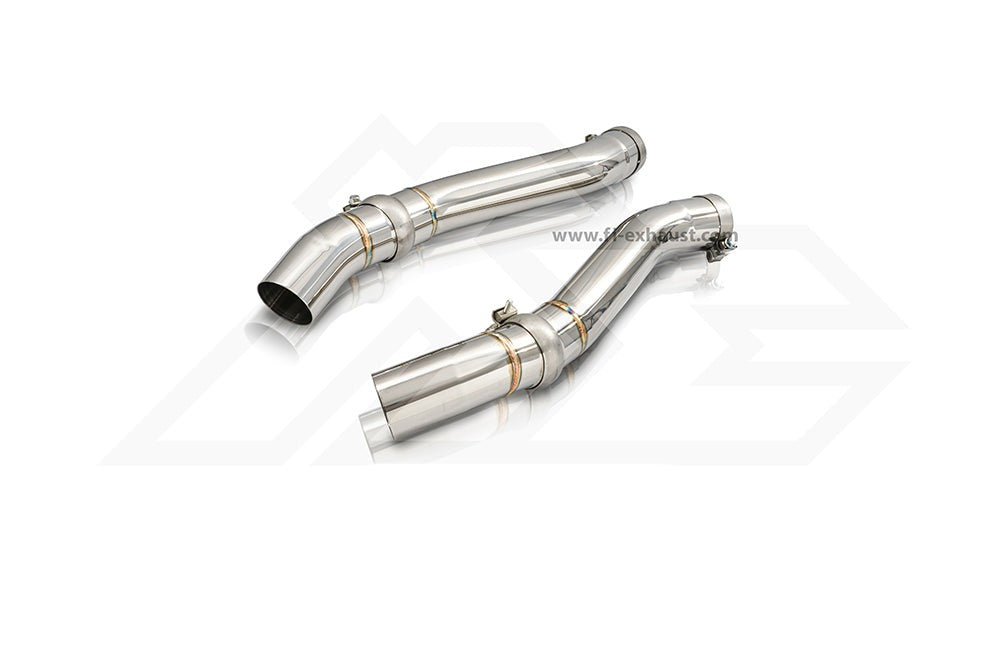 A top view of Fi Exhaust Valvetronic Cat-back Exhaust System BMW F9X M8 (EU6II OPF) 2019+ downpipe with white background