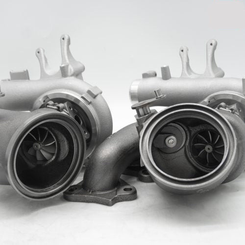 A front close up view of Pure Turbos Turbo Upgrade NEW Pure800 for BMW S55 (M2 / M3 / M4) 2014-2020 with white background