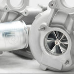 A close up view of Pure Turbos Turbo Upgrade Pure Stage 2 (Hi-Flow) for BMW S55 (M2 / M3 / M4) 2014-2020 with white background