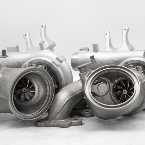 A front view of Pure Turbos Turbo Upgrade Pure Stage 2 (Hi-Flow) for BMW S55 (M2 / M3 / M4) 2014-2020 with white background