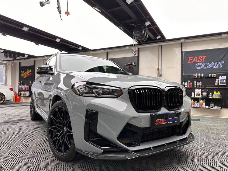 wide view of TRE Pre-Preg Carbon Fibre Front Splitter for BMW X3M LCI F97 2022+ fitted inside a car