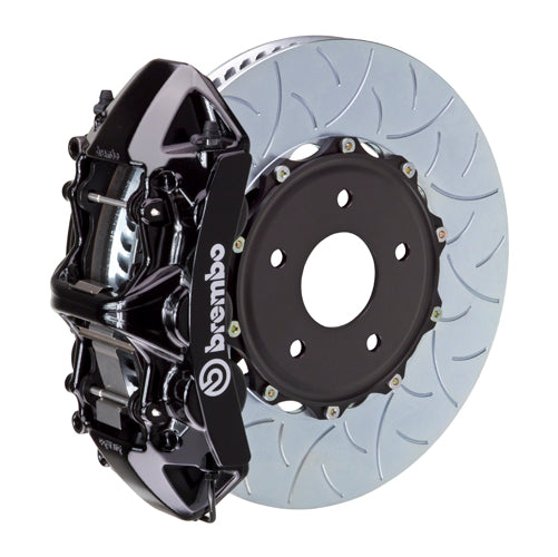 A front view of Brembo GT Front Big Brake Kit 350x34 2-Piece 6-Piston Type 3 Rotors for Subaru STI 2004-2021 with black caliper with a white background