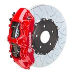A front view of Brembo GT Front Big Brake Kit 350x34 2-Piece 6-Piston Type 3 Rotors for Subaru STI 2004-2021 with red caliper with a white background
