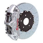 A front view of Brembo GT Front Big Brake Kit 350x34 2-Piece 6-Piston Type 3 Rotors for Subaru STI 2004-2021 with silver caliper with a white background