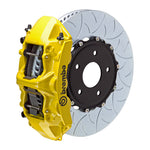 A front view of Brembo GT Front Big Brake Kit 350x34 2-Piece 6-Piston Type 3 Rotors for Subaru STI 2004-2021 with yellow caliper with a white background