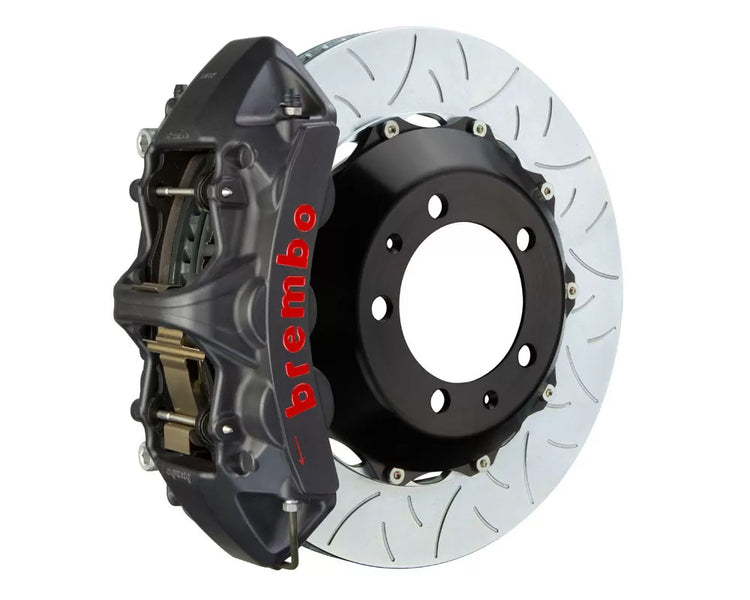 A front view of Brembo GT-S Front Big Brake Kit 350x34 2-Piece 6-Piston Type 3 Rotors for Subaru WRX 2022-2023 with white background
