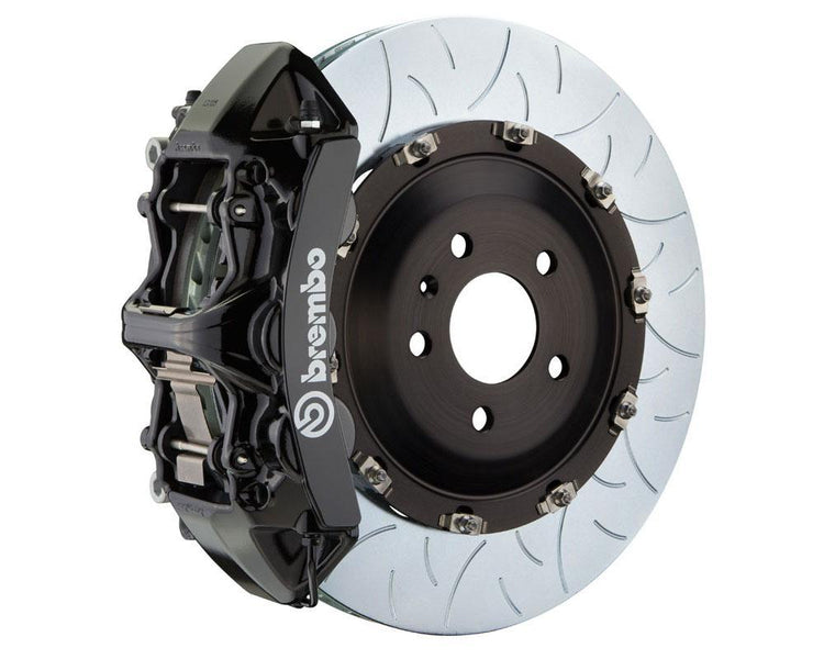 A front view of Brembo GT Front Big Brake Kit 380x34 6-Piston Type 3 Rotors for Volkswagen Golf R (Mk8) in black caliper with white background