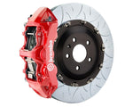 A front view of Brembo GT Front Big Brake Kit 380x34 6-Piston Type 3 Rotors for Audi S3 (8Y) in red caliper with white background