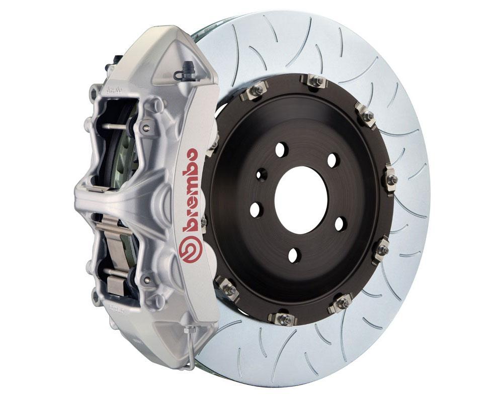 A front view of Brembo GT Front Big Brake Kit 380x34 6-Piston Type 3 Rotors for Volkswagen Golf R (Mk8) in silver caliper with white background