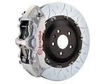 A front view of Brembo GT Front Big Brake Kit 380x34 6-Piston Type 3 Rotors for Volkswagen Golf R (Mk8) in silver caliper with white background