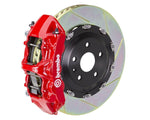 A front view of Brembo GT Front Big Brake Kit 380x34 6-Piston Slotted Rotors for Audi S3 (8Y) in red caliper with white background