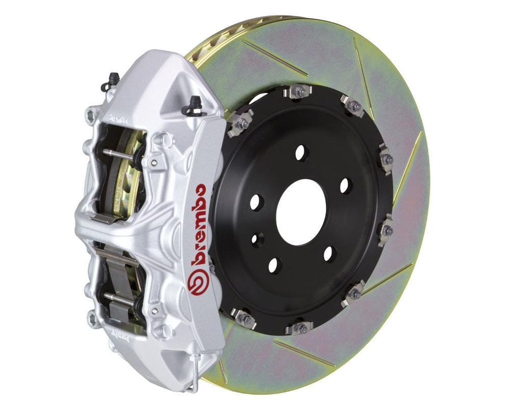 A front view of Brembo GT Front Big Brake Kit 380x34 6-Piston Slotted Rotors for Volkswagen Golf R (Mk8) in silver caliper with white background