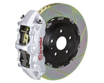 A front view of Brembo GT Front Big Brake Kit 380x34 6-Piston Slotted Rotors for Volkswagen Golf R (Mk8) in silver caliper with white background