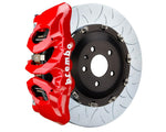A front view of Brembo GT Front Big Brake Kit 380x34 6-Piston Type 3 Rotors for Volkswagen Golf R (Mk8) in red caliper with white background
