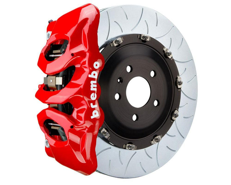 A front view of Brembo GT Front Big Brake Kit 380x34 6-Piston Type 3 Rotors for Volkswagen Golf R (Mk8) in red caliper with white background