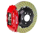 A front view of Brembo GT Front Big Brake Kit 355x32 2-Piece 4-Piston Drilled Rotors for Porsche 993 C2 / C4 in Red lack caliper with white background