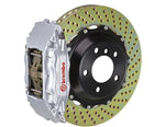 A front view of Brembo GT Front Big Brake Kit 355x32 2-Piece 4-Piston Drilled Rotors for Porsche 993 C2 / C4 in Silver caliper with white background
