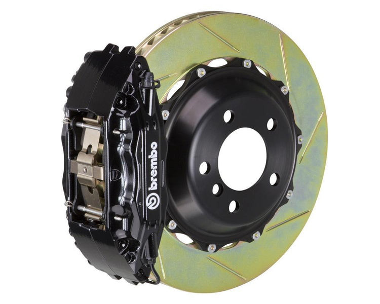 A front view of Brembo GT Front Big Brake Kit 355x32 2-Piece 4-Piston Slotted Rotors for Porsche 993 C2 / C4 in black calipers with white background