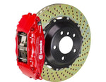 A front view of Brembo GT Front Big Brake Kit 332x32 2-Piece 4-Piston Drilled Rotors for Porsche 993 C2 / C4 in Red with white background