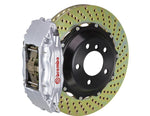A front view of Brembo GT Front Big Brake Kit 332x32 2-Piece 4-Piston Drilled Rotors for Porsche 993 C2 / C4 in Silver with white background