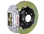 A front view of Brembo GT Front Big Brake Kit 332x32 2-Piece 4-Piston Slotted Rotors for Porsche 993 C2 / C4 in Silver Caliper with white background