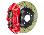 A front view of Brembo GT-S Front Big Brake Kit 355x32 2-Piece 6-Piston Drilled Rotors for Ford Mustang GT / V6 2005-2014 with red caliper