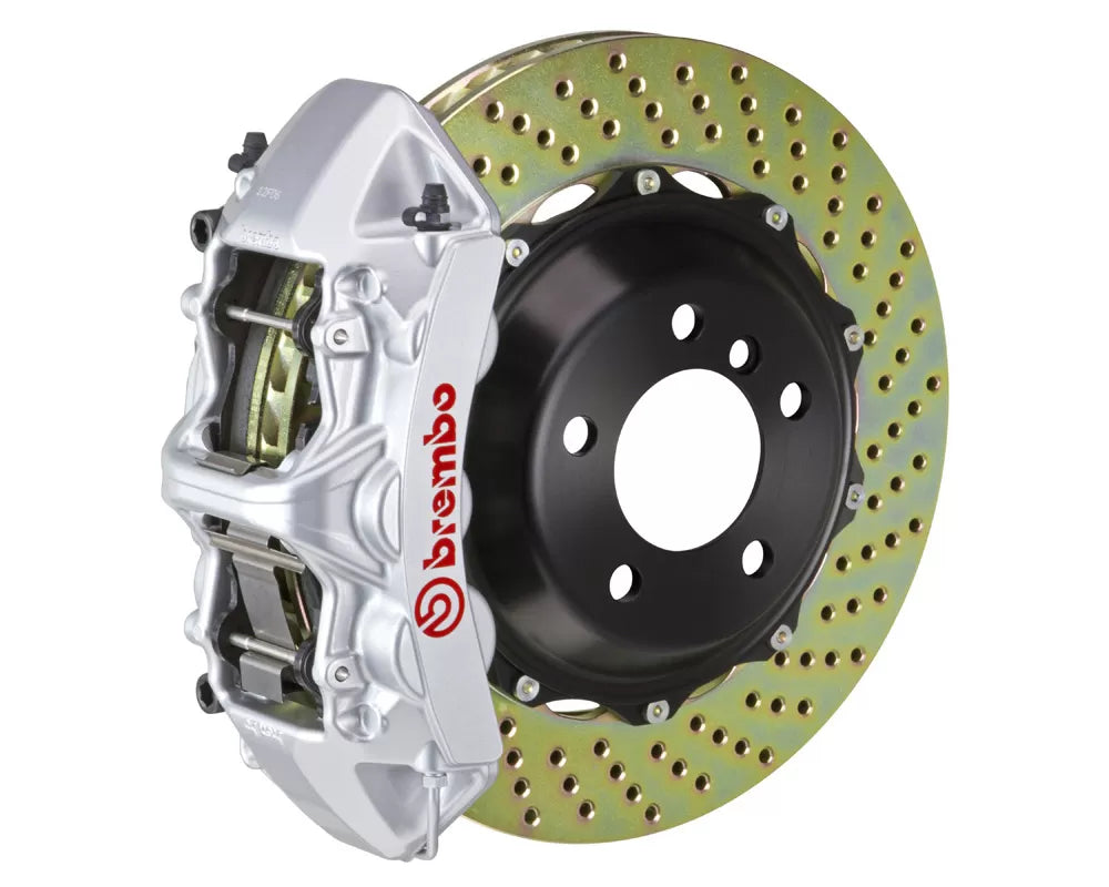 A front view of Brembo GT-S Front Big Brake Kit 355x32 2-Piece 6-Piston Drilled Rotors for Ford Mustang GT / V6 2005-2014 with silver caliper