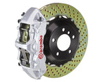 A front view of Brembo GT-S Front Big Brake Kit 355x32 2-Piece 6-Piston Drilled Rotors for Ford Mustang GT / V6 2005-2014 with silver caliper