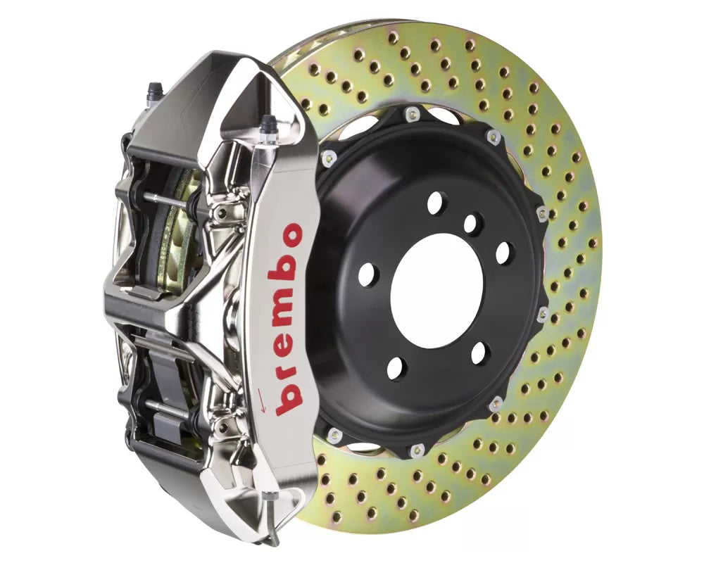 A front view of Brembo GT-S Front Big Brake Kit 355x32 2-Piece 6-Piston Drilled Rotors for Ford Mustang GT / V6 2005-2014 with nickel plated caliper