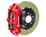 A front view of Brembo GT Front Big Brake Kit 380x32 2-Piece 6-Piston Drilled Rotors for Porsche 993 C2 / C4 in red caliper with white background
