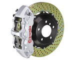 A front view of Brembo GT Front Big Brake Kit 380x32 2-Piece 6-Piston Drilled Rotors for Porsche 993 C2 / C4 in silver caliper with white background