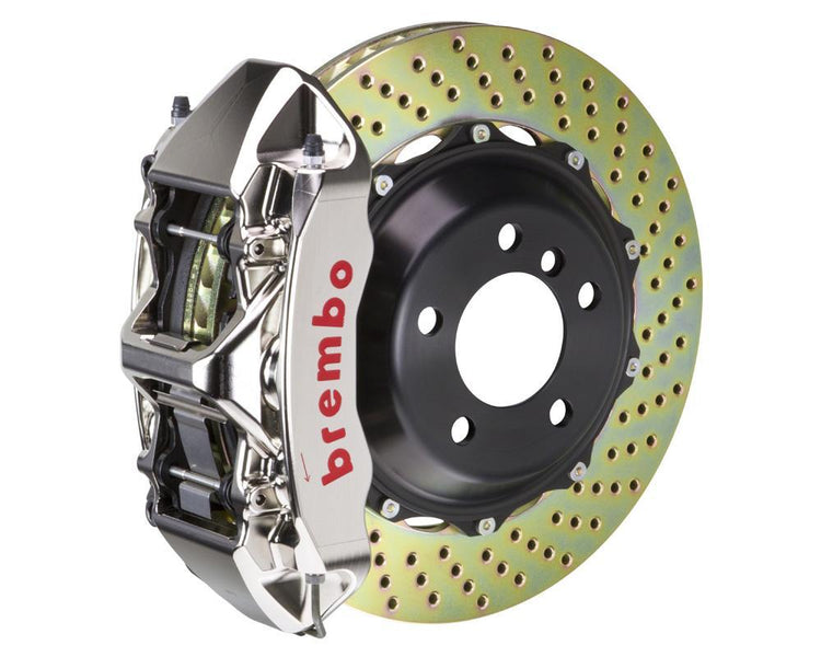 A front view of Brembo GT-R Front Big Brake Kit 380x32 2-Piece 6-Piston Drilled Rotors for Porsche 993 C2 / C4 with white background