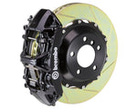 A front view of Brembo GT Front Big Brake Kit 355x32 2-Piece 6-Piston Slotted Rotors for Porsche 993 C2 / C4 in black caliper with white background