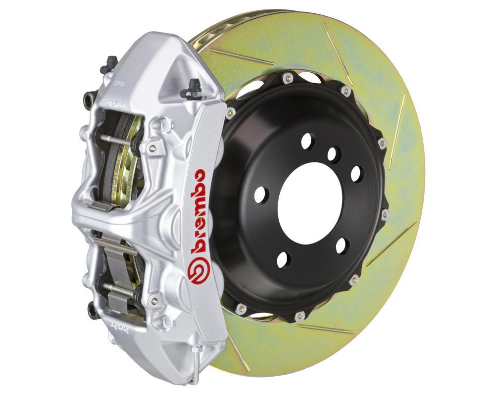 A front view of Brembo GT Front Big Brake Kit 355x32 2-Piece 6-Piston Slotted Rotors for Porsche 993 C2 / C4 in silver caliper with white background