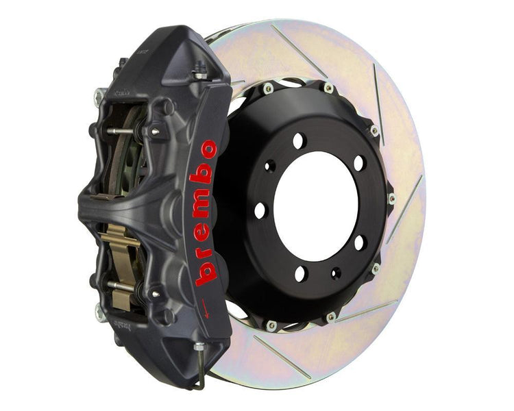 A front view of Brembo GT-S Front Big Brake Kit 355x32 2-Piece 6-Piston Slotted Rotors for Porsche 993 C2 / C4 with white background
