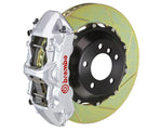 A front view of Brembo GT Front Big Brake Kit 380x32 2-Piece 6-Piston Slotted Rotors for Porsche 993 C2 / C4 in silver caliper with white background