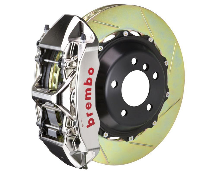 A front view of Brembo GT-R Front Big Brake Kit 380x32 2-Piece 6-Piston Slotted Rotors for Porsche 993 C2 / C4 with a white background