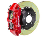 A front view of Brembo GT Front Big Brake Kit 380x32 2-Piece 6-Piston Slotted Rotors for Honda Civic Type-R (FL5) in red caliper with white background