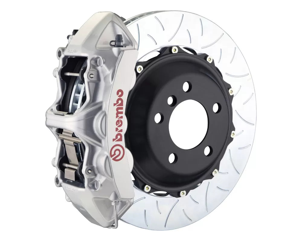 A front view of Brembo GT Front Big Brake Kit 380x32 2-Piece 6-Piston Type 3 Rotors for Infiniti / Nissan 2007-2016 with silver caliper