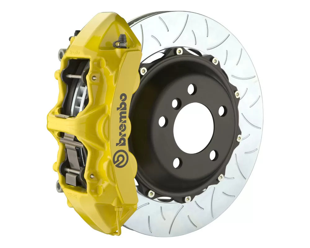 A front view of Brembo GT Front Big Brake Kit 380x32 2-Piece 6-Piston Type 3 Rotors for Infiniti / Nissan 2007-2016 with yellow caliper
