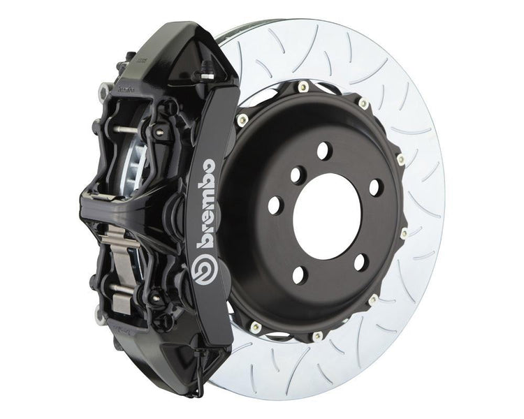 A front view of Brembo GT Front Big Brake Kit 380x32 2-Piece 6-Piston Type 3 Rotors for Honda Civic Type-R (FL5) in black caliper with white background