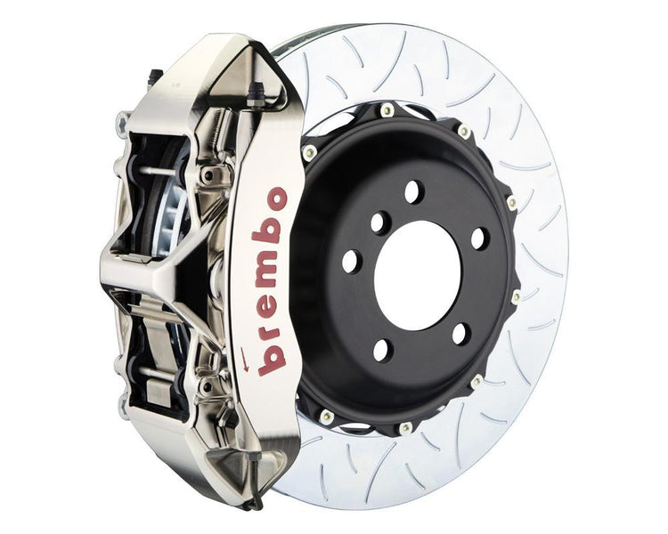 A front view of Brembo GT-R Front Big Brake Kit 380x32 2-Piece 6-Piston Type 3 Rotors for Honda Civic Type-R (FL5) with a white background